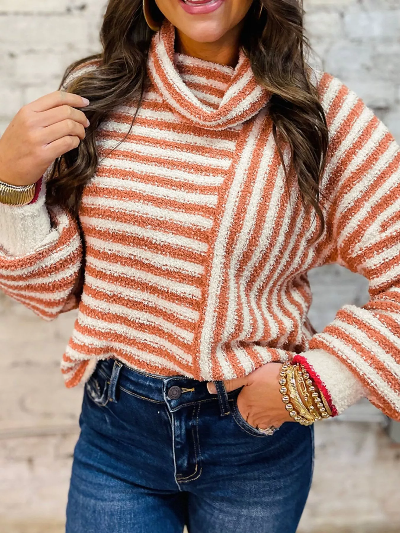 Striped Cowl Neck Long Sleeve Sweater - Image 4