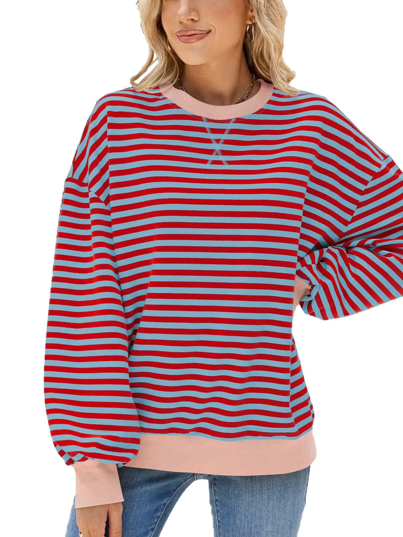 Striped Crew Neck Long Sleeve Sweatshirt - Image 21
