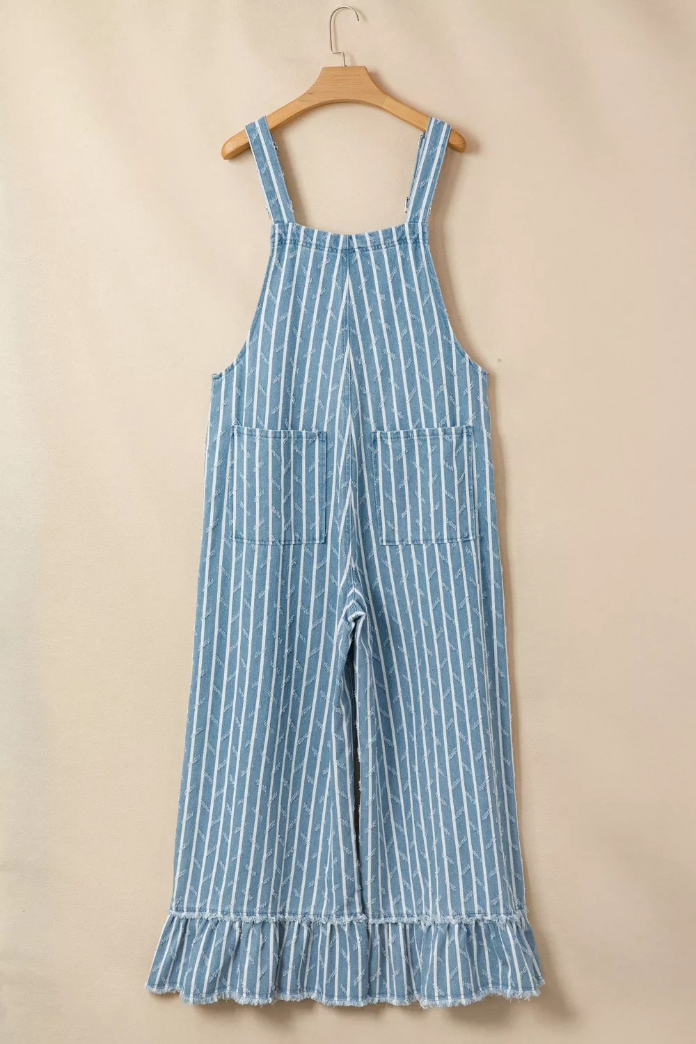 Striped Distressed Ruffled Wide Leg Denim Overalls - Image 6