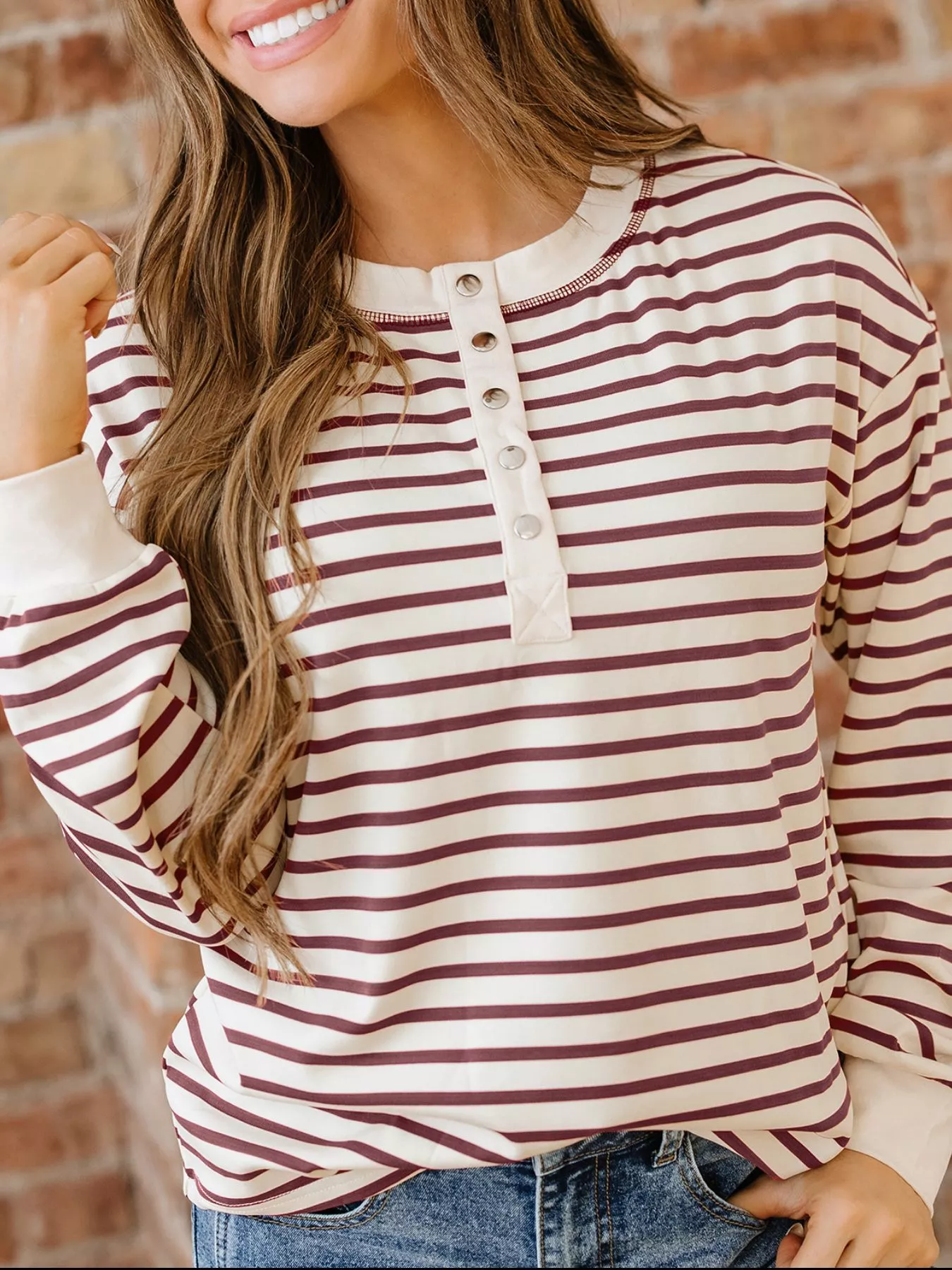 Striped Drop Shoulder Long Sleeve Henley Top - Image 2