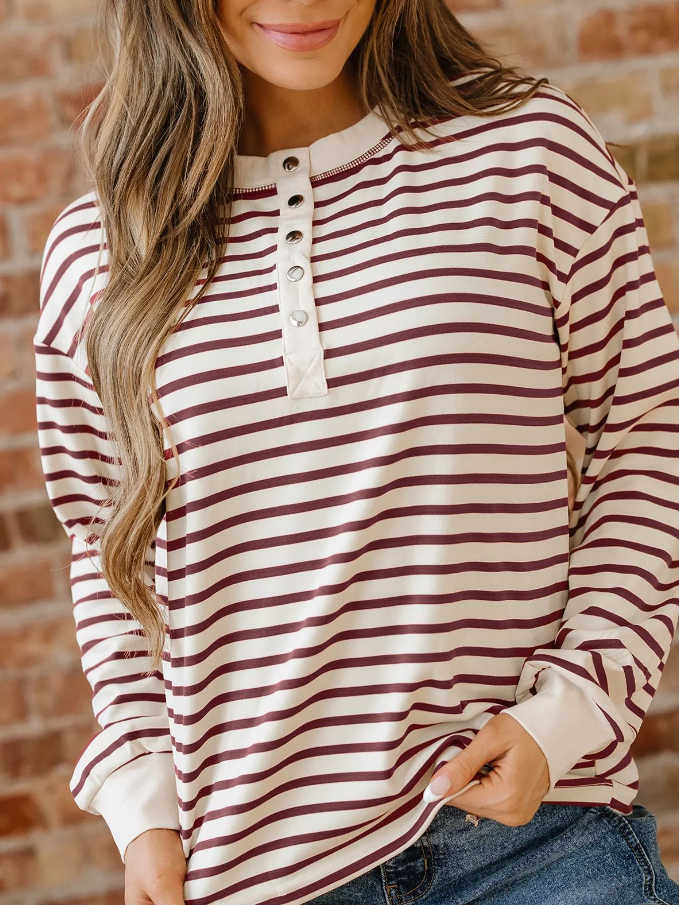 Striped Drop Shoulder Long Sleeve Henley Top - Image 4