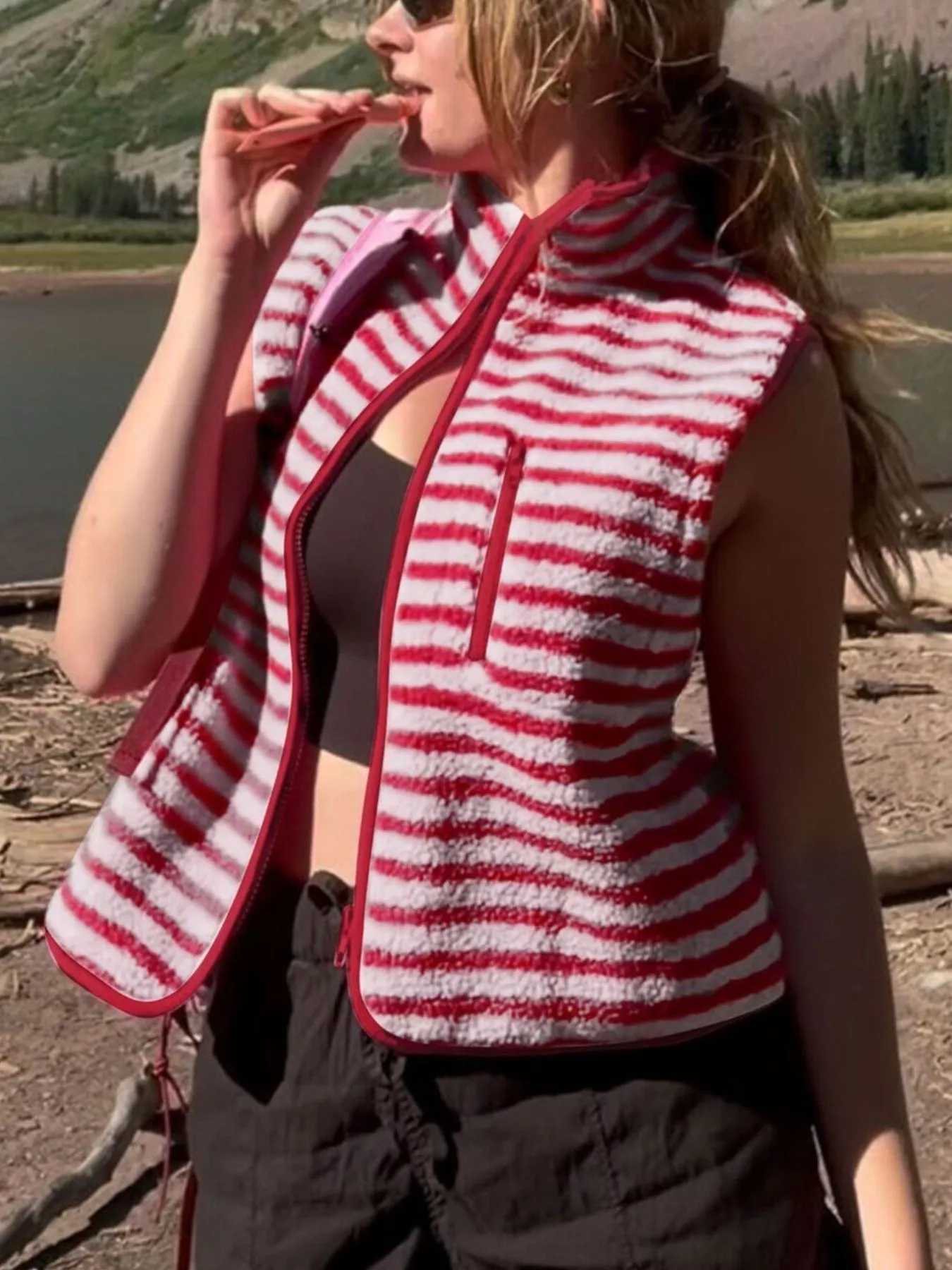 Striped Fleece Zip-Up Vest Coat - Image 3