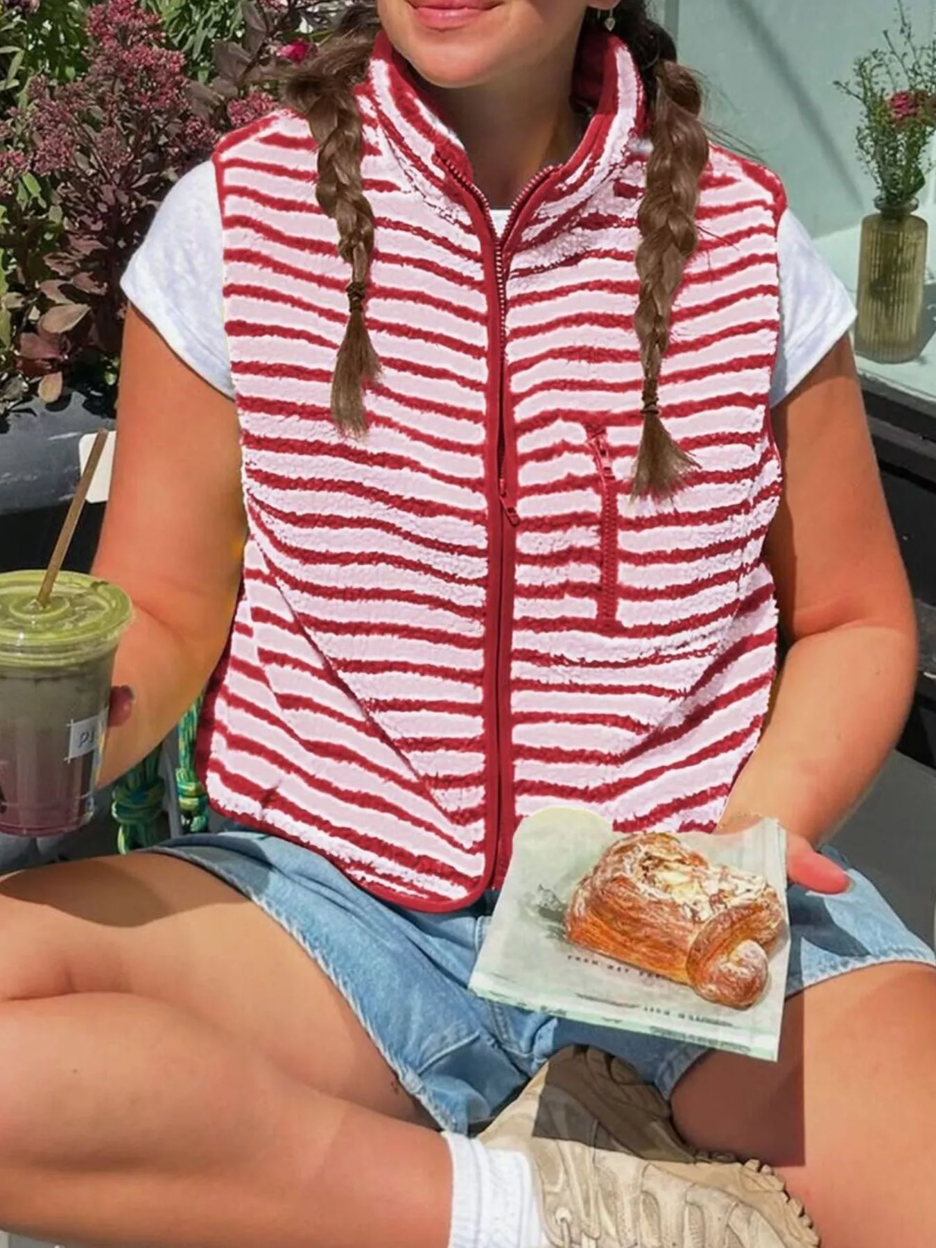 Striped Fleece Zip-Up Vest Coat - Image 4