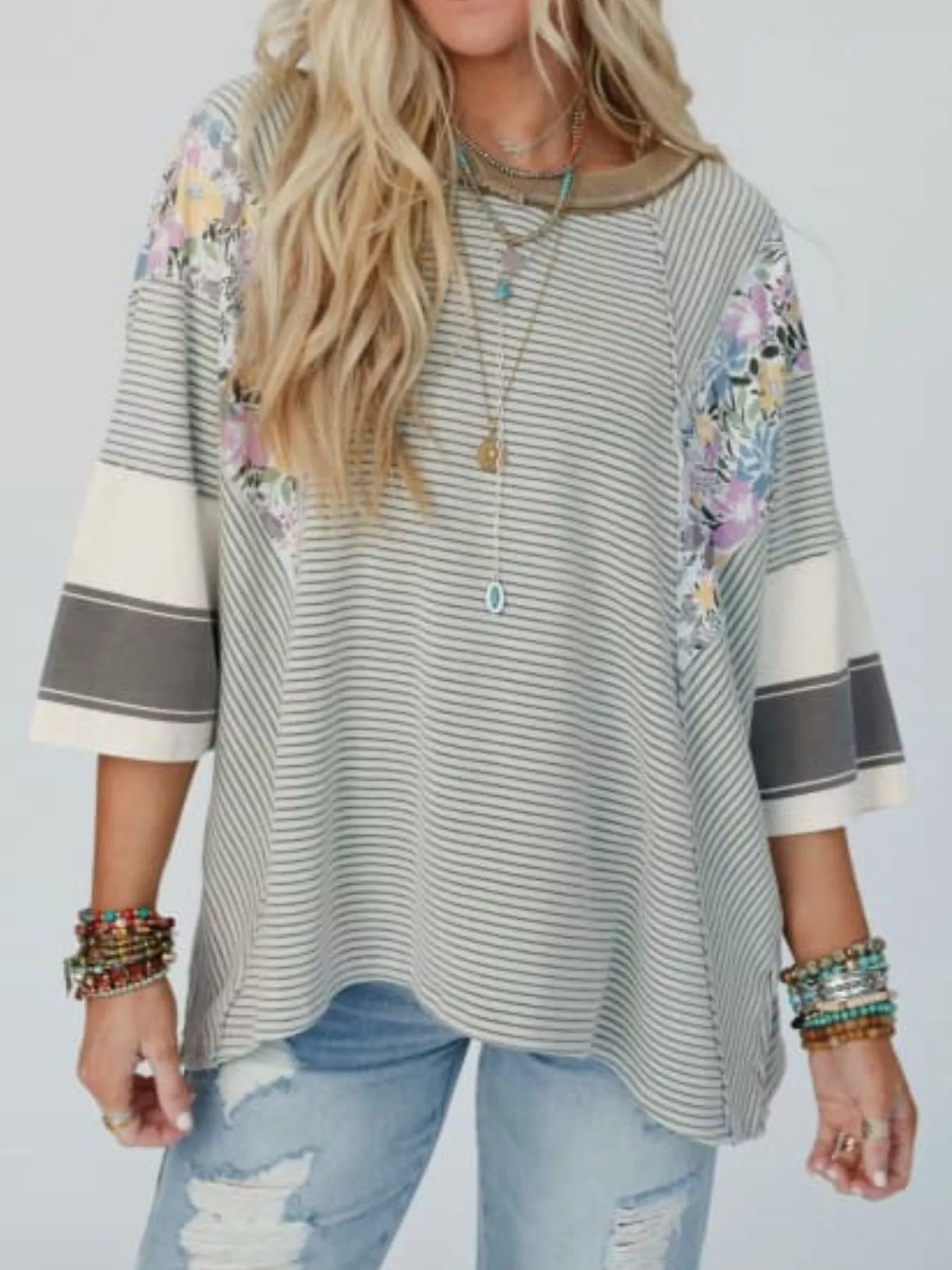 Striped Floral Long Sleeve T-Shirt - Image 7