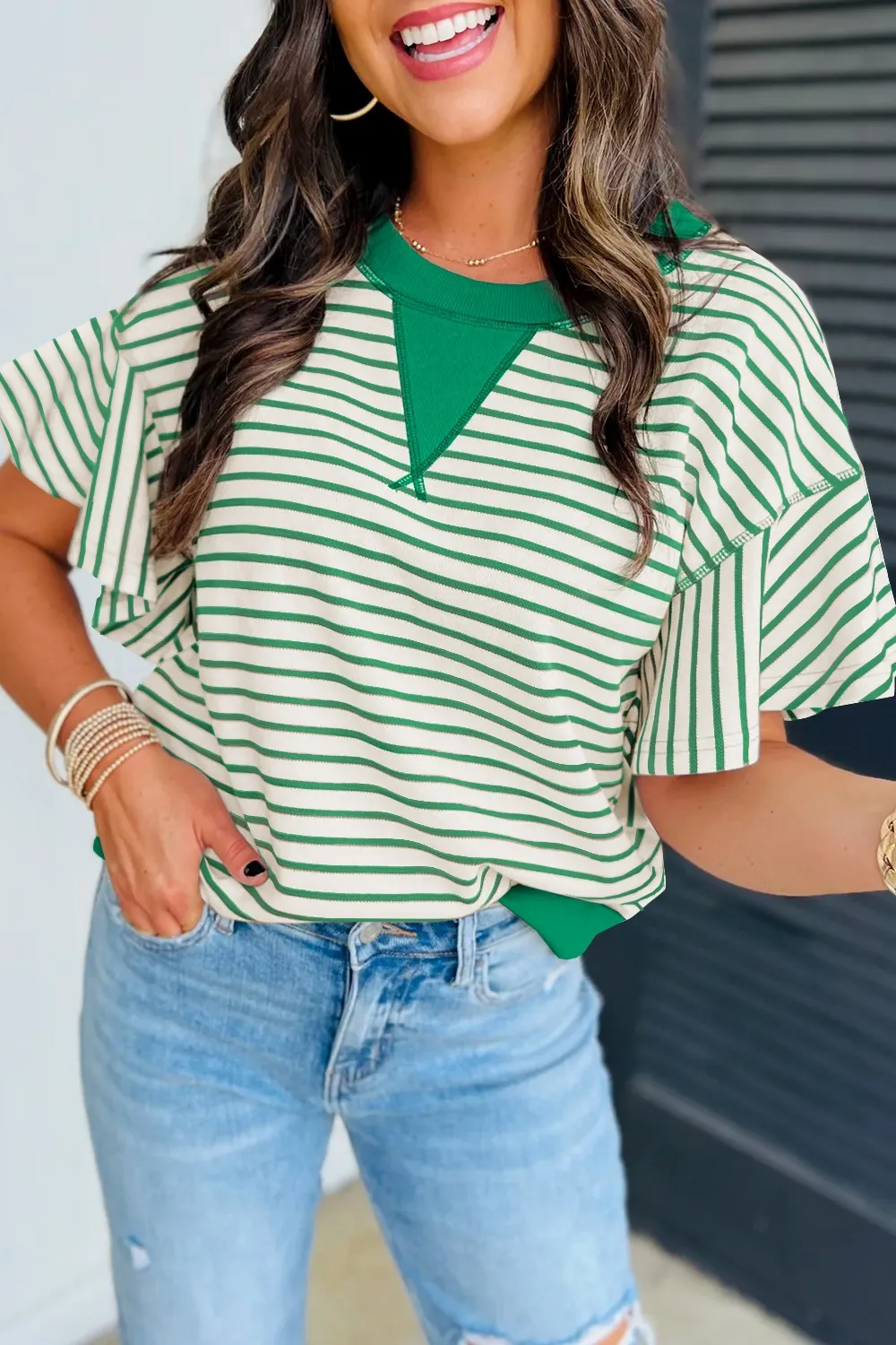 Striped Flounce Sleeve Casual Blouse - Image 9