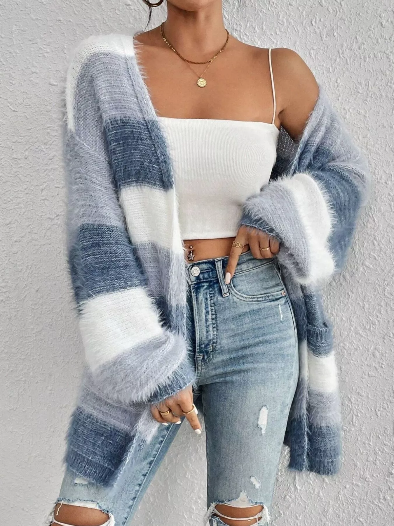 Striped Fuzzy Knit Open Front Cardigan - Image 4