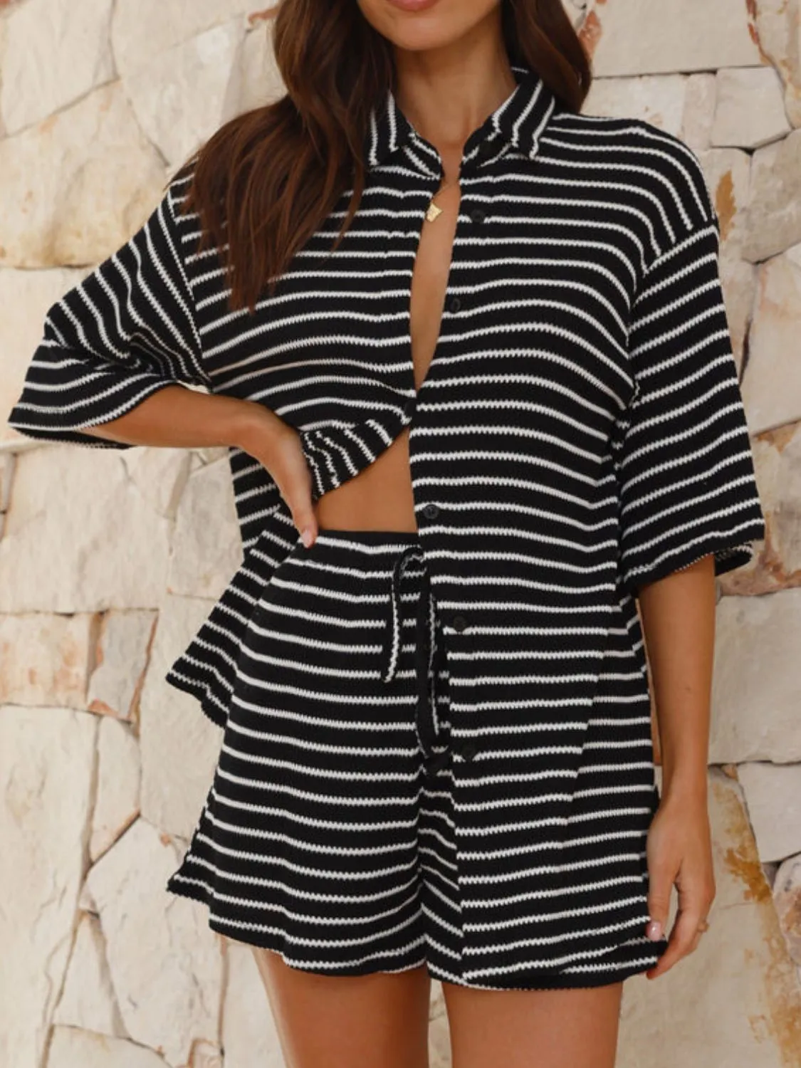 Striped Half Sleeve Top and Shorts Set - Image 19