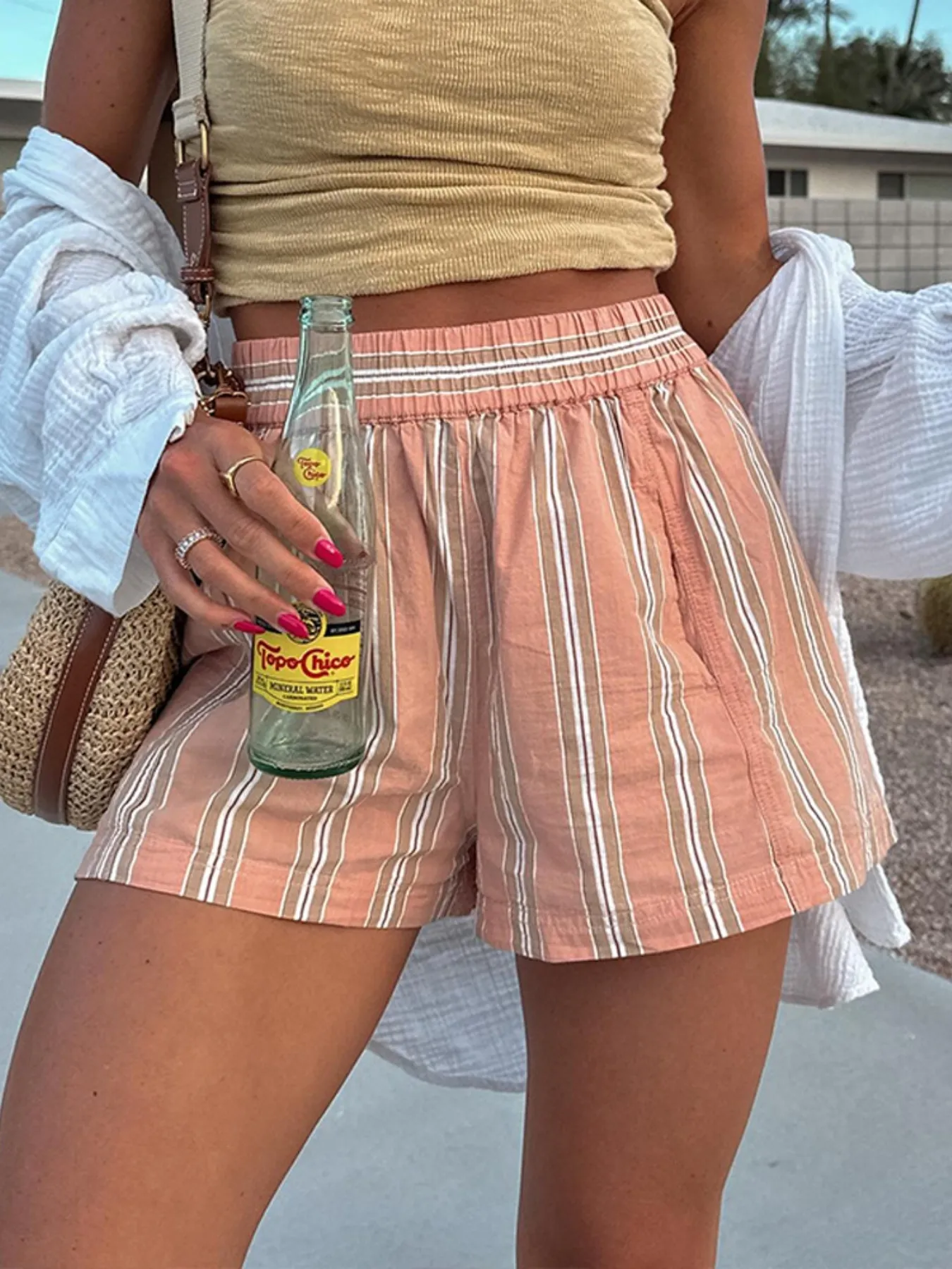 Striped High-Waist Linen Blend Summer Shorts - Image 7