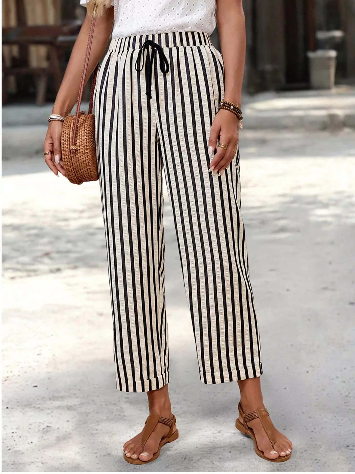 Striped High-Waisted Cropped Pants - Image 4