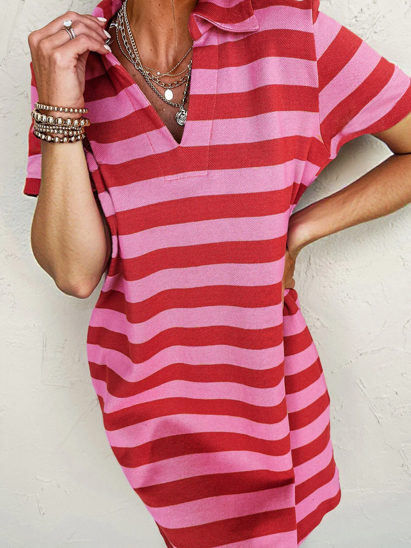 Striped Johnny Collar Short Sleeve Dress - Image 5