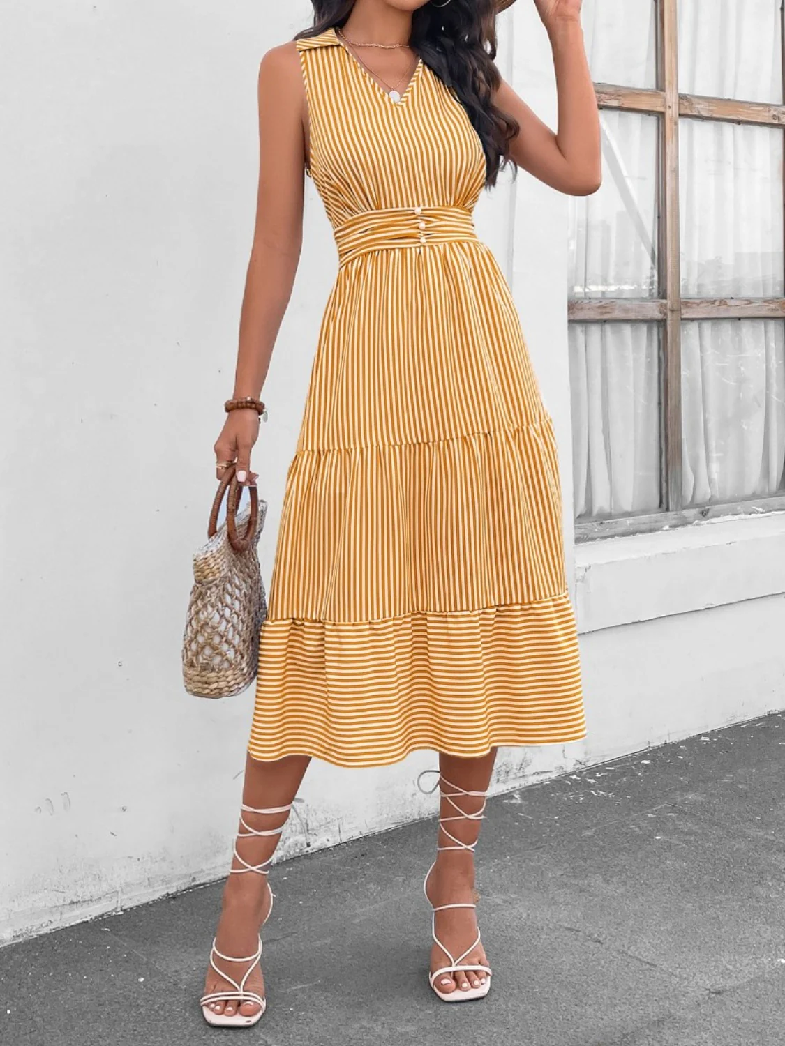 Striped Johnny Collar Sleeveless Midi Dress - Image 10