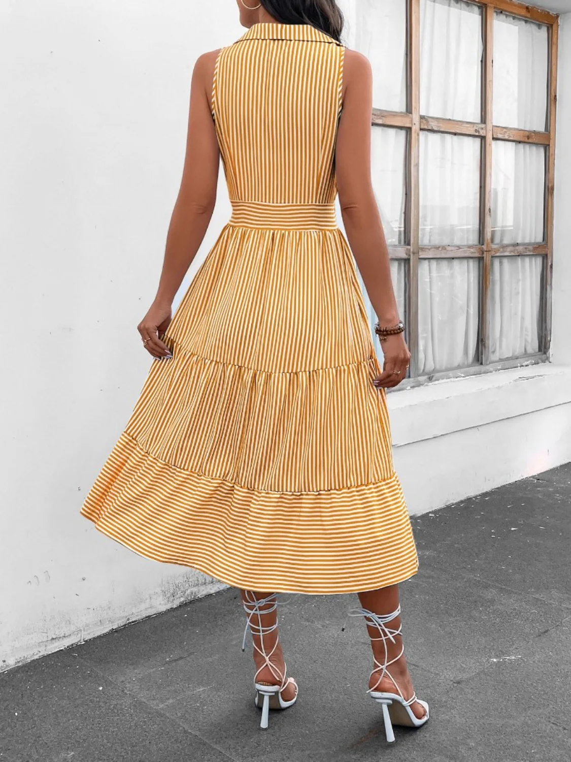 Striped Johnny Collar Sleeveless Midi Dress - Image 11