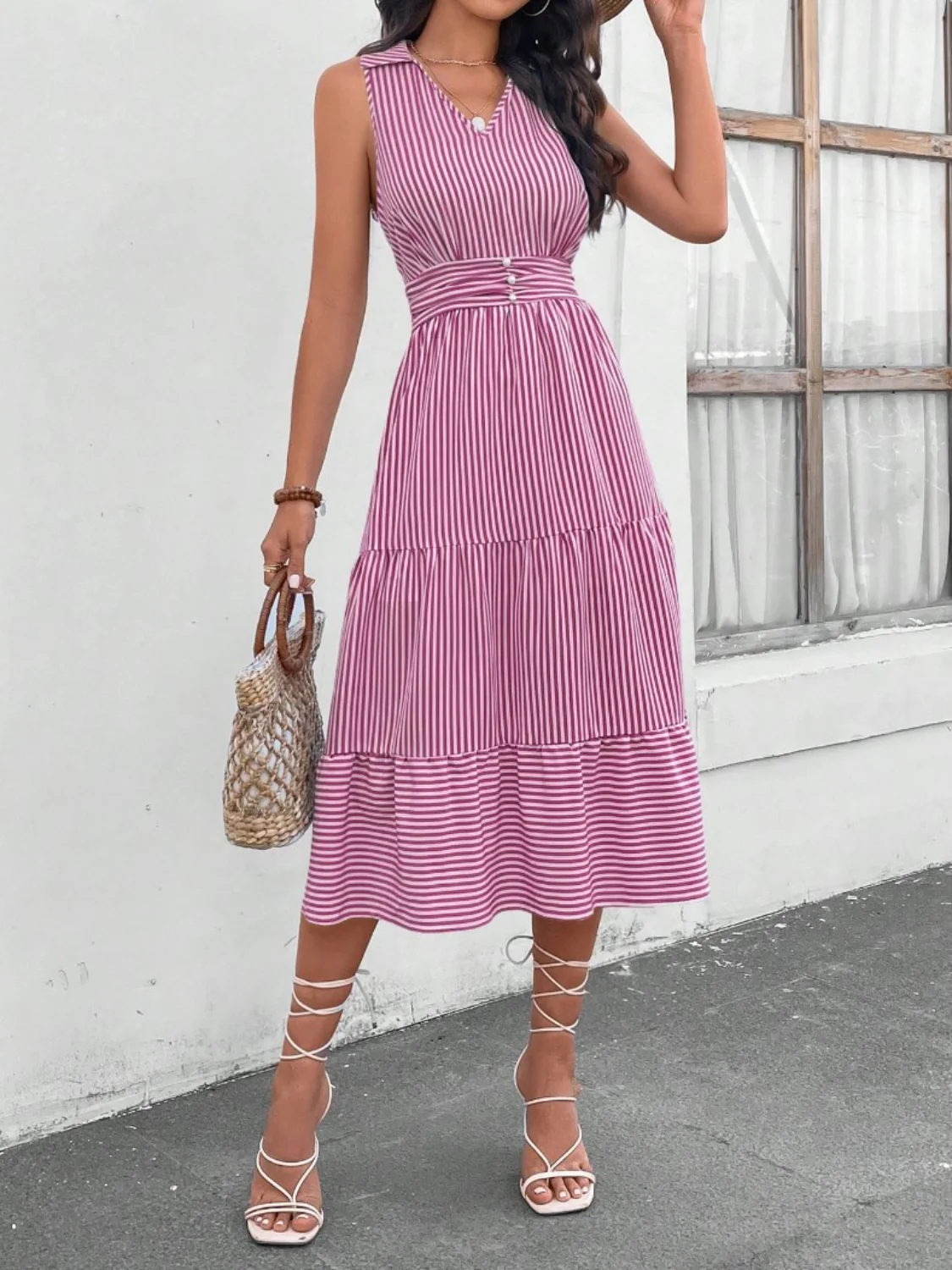 Striped Johnny Collar Sleeveless Midi Dress - Image 13
