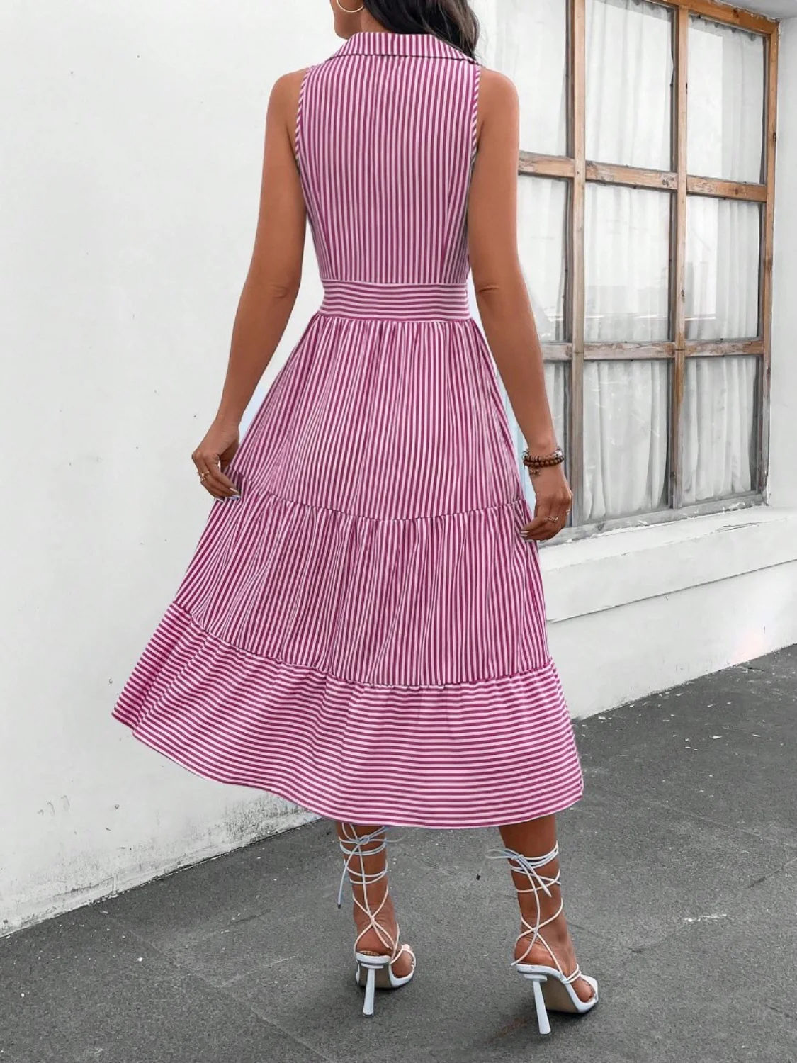 Striped Johnny Collar Sleeveless Midi Dress - Image 14
