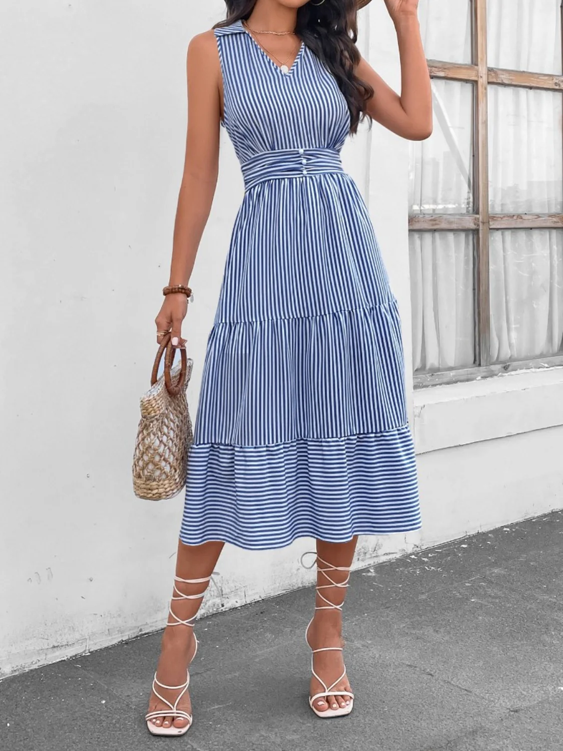 Striped Johnny Collar Sleeveless Midi Dress - Image 16