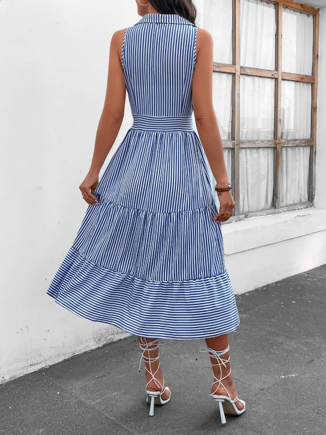 Striped Johnny Collar Sleeveless Midi Dress - Image 17