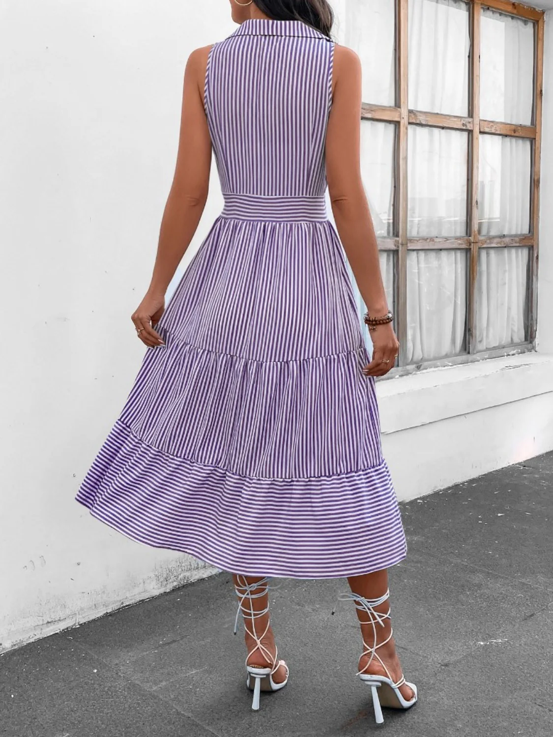 Striped Johnny Collar Sleeveless Midi Dress - Image 20