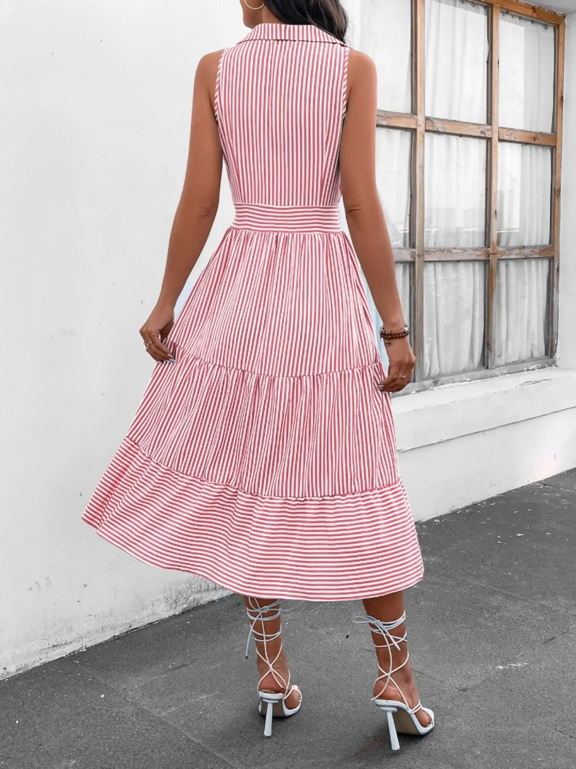 Striped Johnny Collar Sleeveless Midi Dress - Image 8
