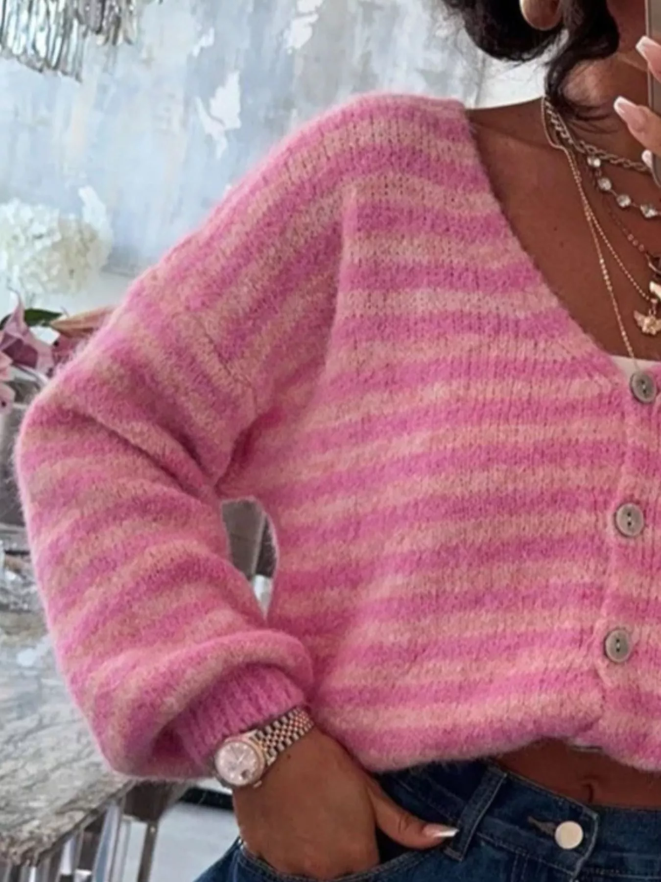 Striped Knit Button-Down Cardigan - Image 2