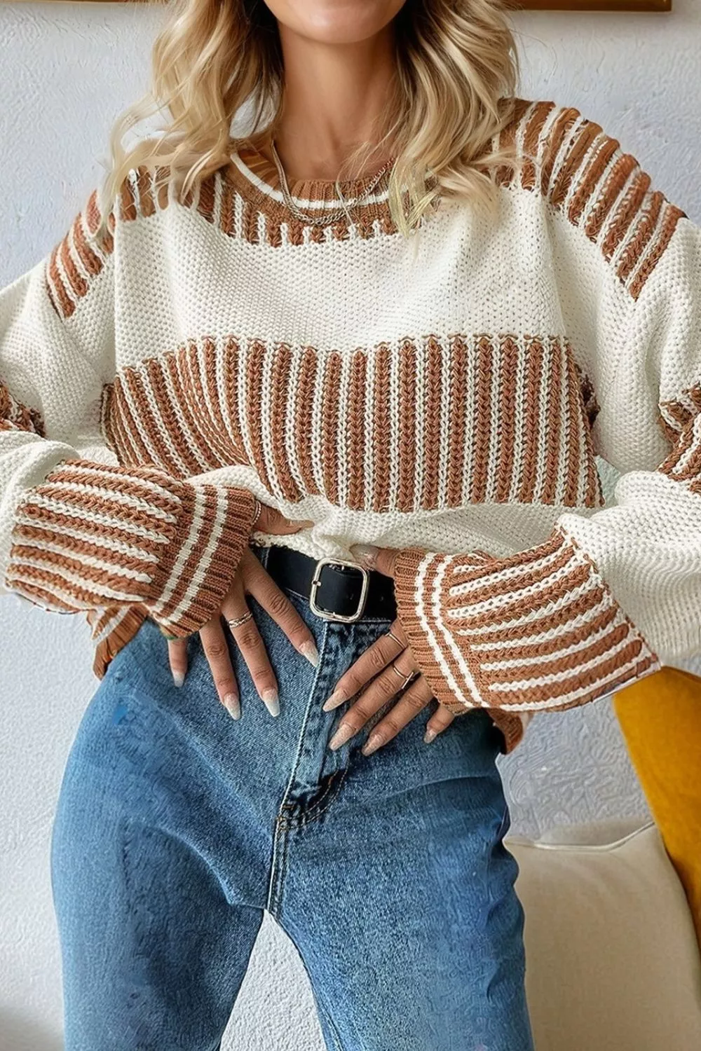 Striped Knit Long Sleeve Sweater - Image 4