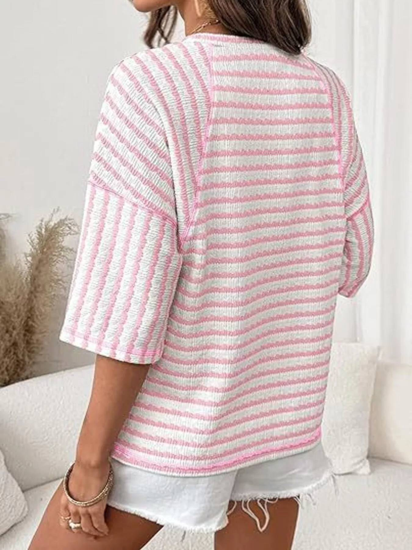 Striped Knit Round Neck T-Shirt - Image 8