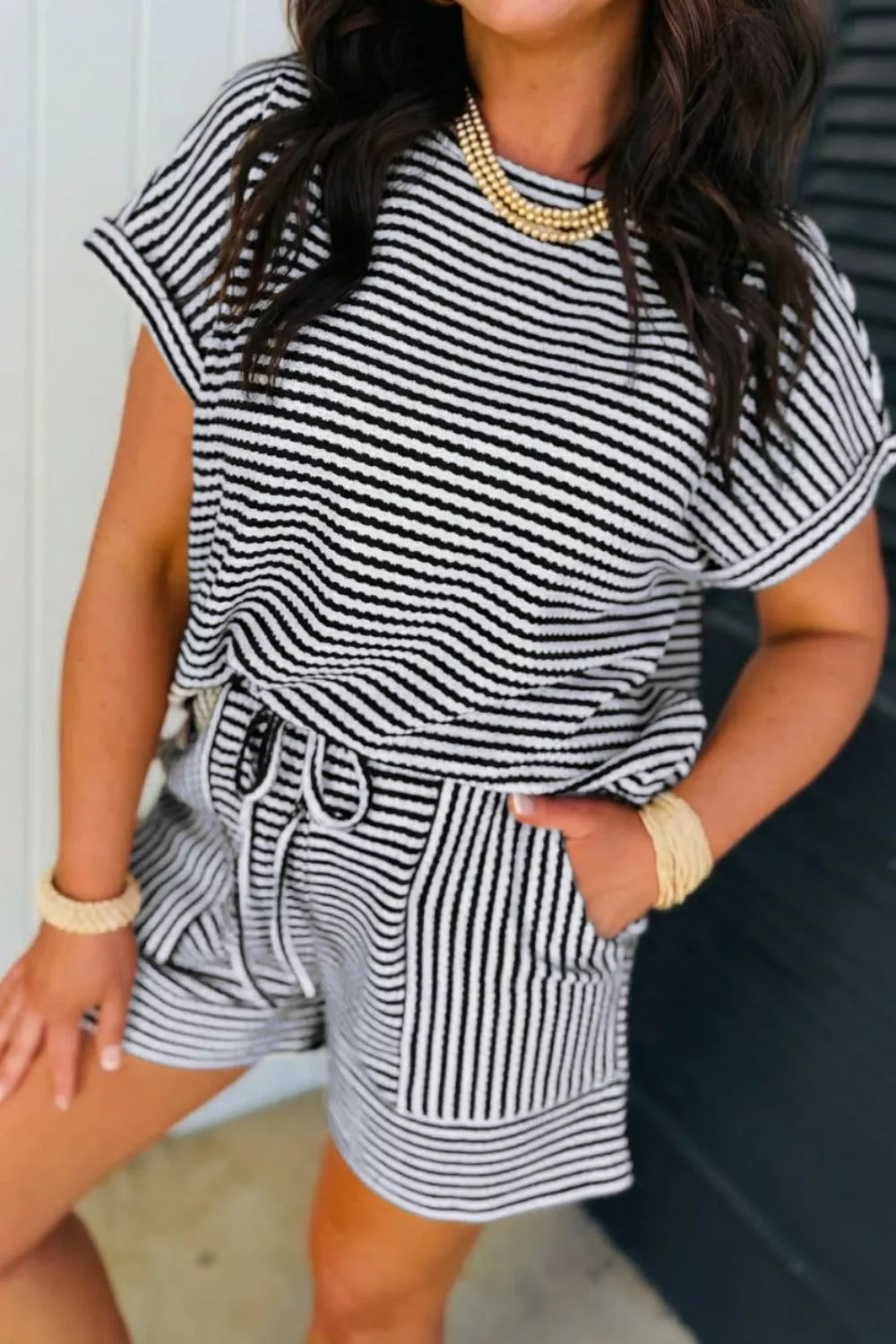 Striped Knit Short Sleeve Tee and Shorts Set - Image 4