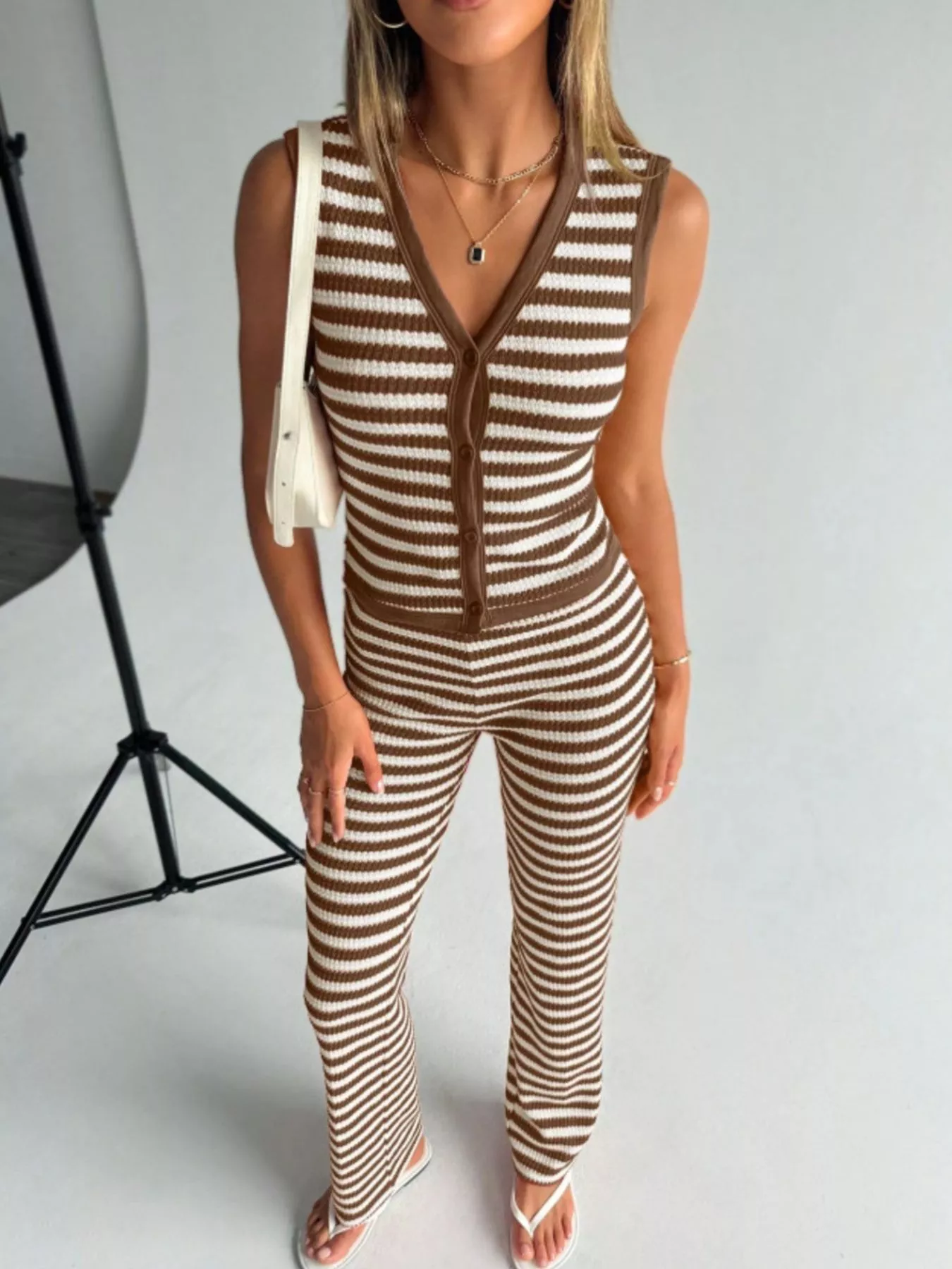 Striped Knit Sleeveless Top and Pants Set - Image 2