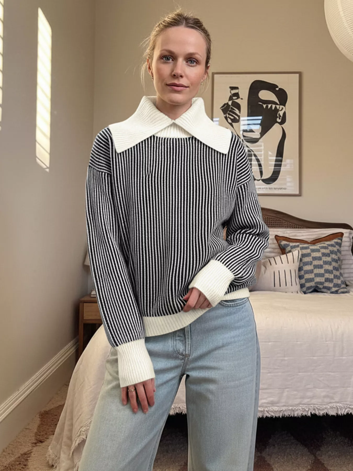 Striped Knit Sweater with Contrast Collar - Image 2