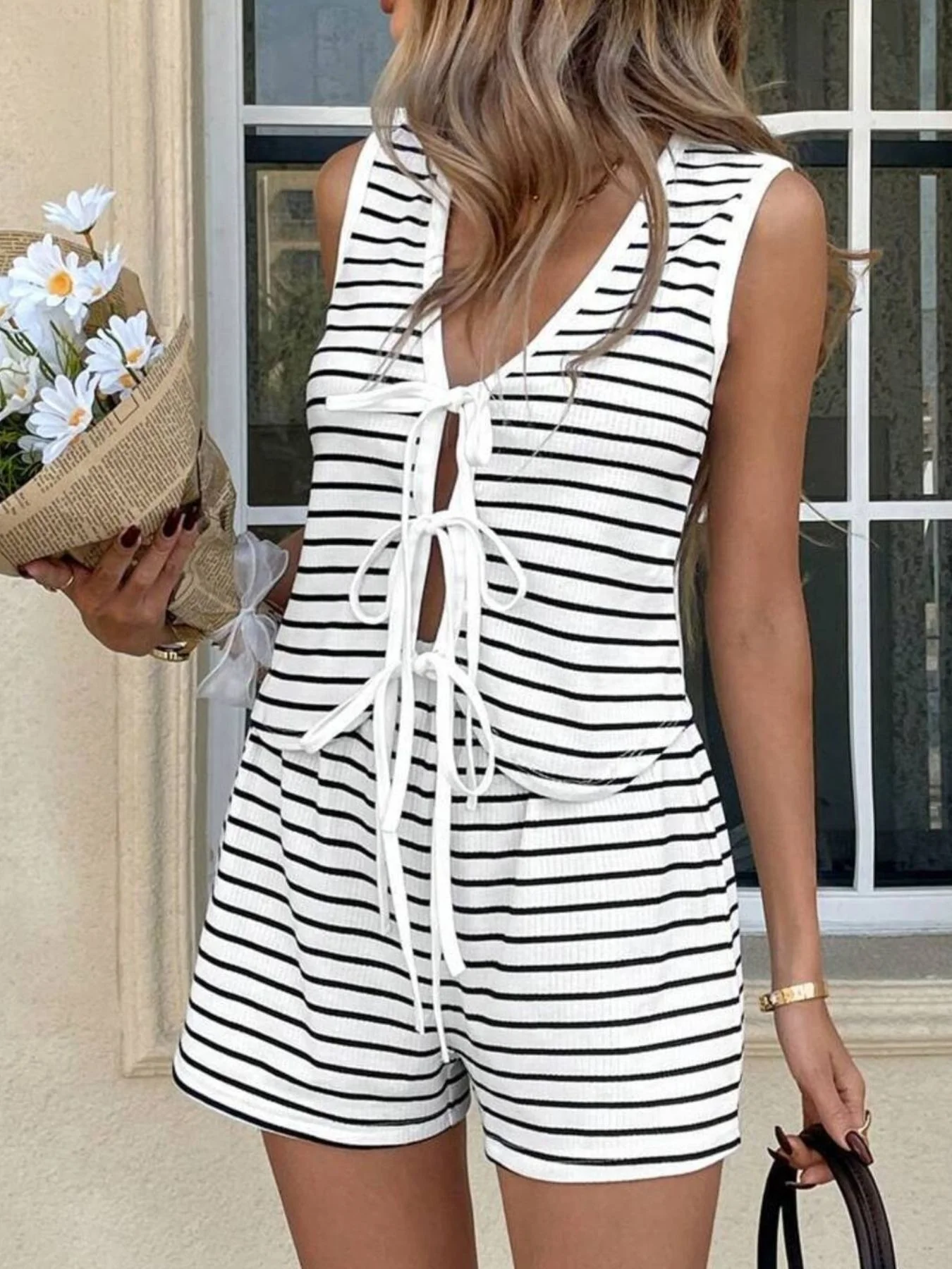 Striped Knit Tie-Front Sleeveless Top & Shorts Set - Image 3