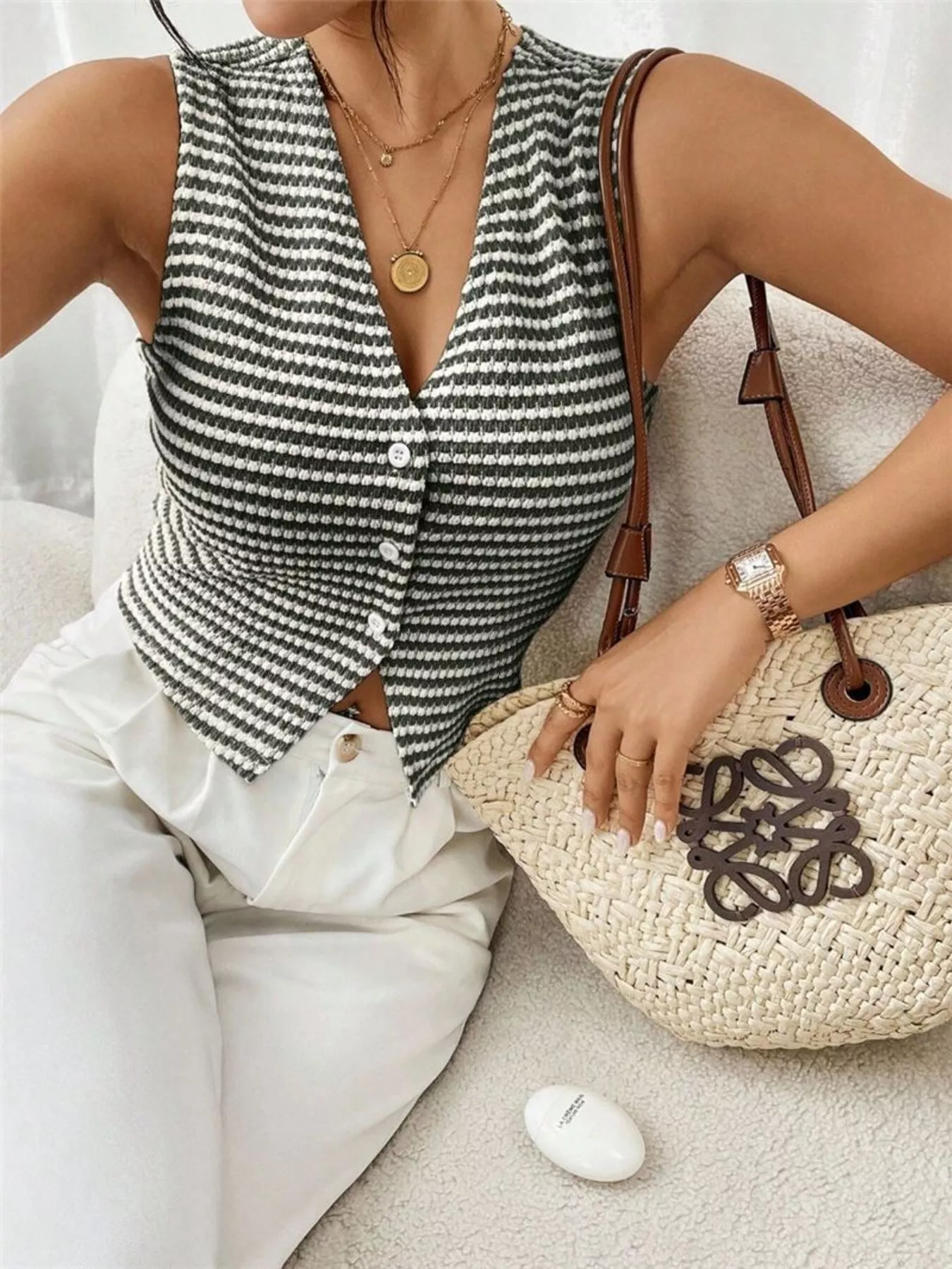 Striped Knit V-Neck Vest - Image 14