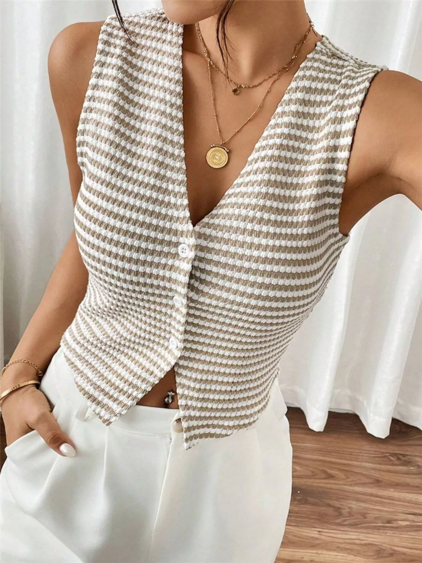 Striped Knit V-Neck Vest - Image 5