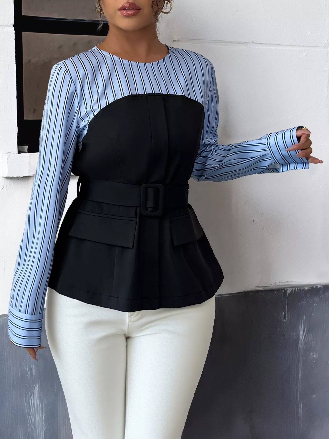 Striped Long Sleeve Blouse with Bow Tie - Image 2