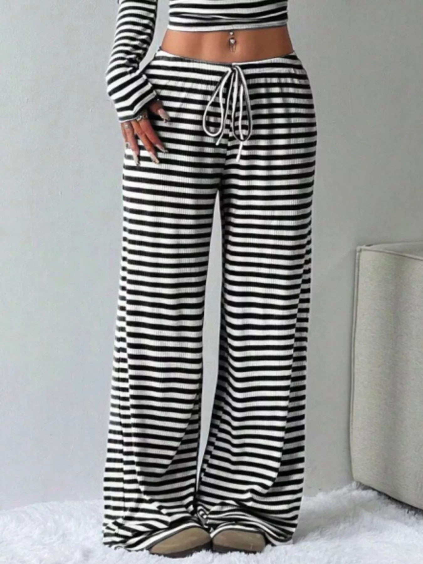 Striped Long Sleeve Crop Top and Wide Leg Pants Set - Image 14