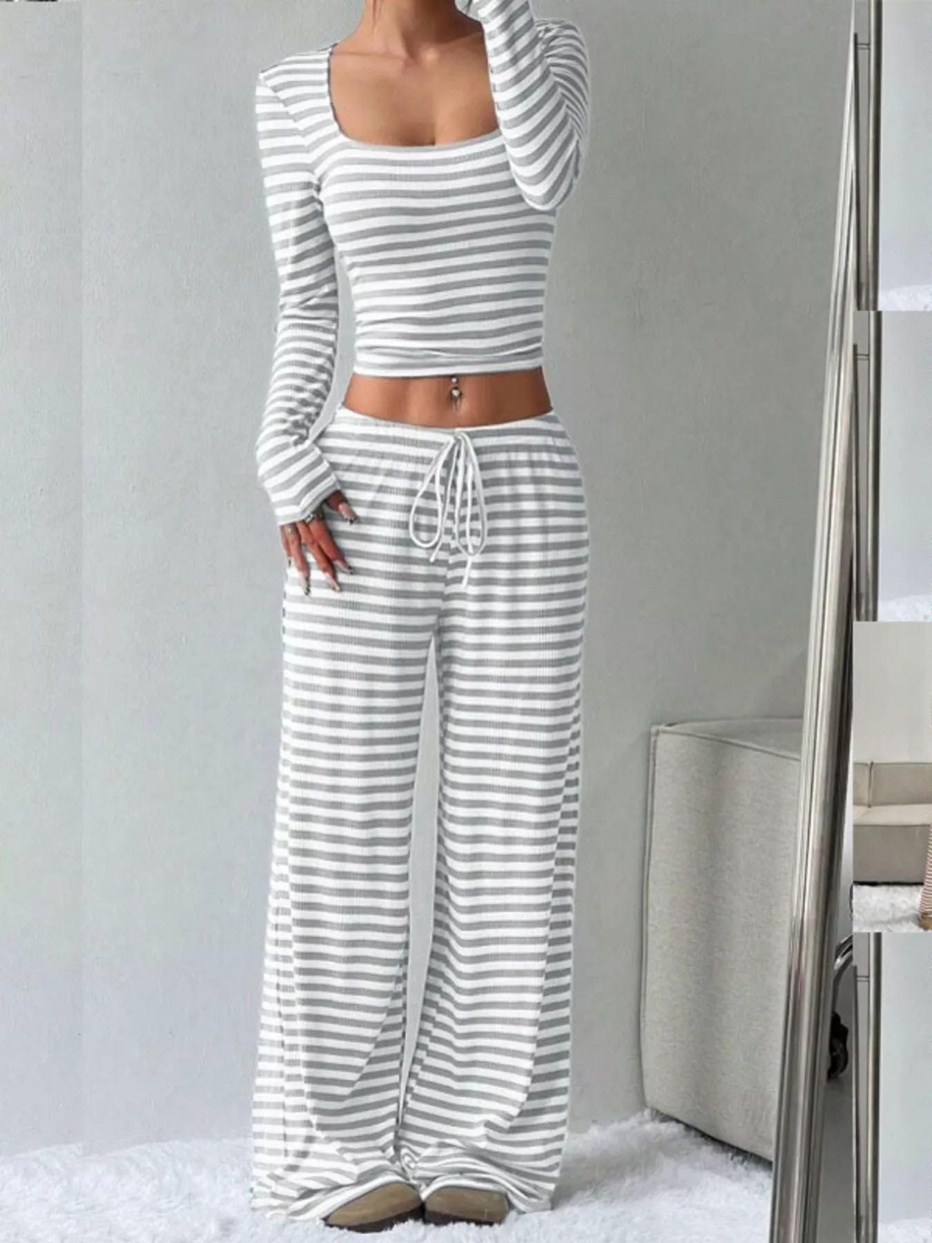 Striped Long Sleeve Crop Top and Wide Leg Pants Set - Image 6