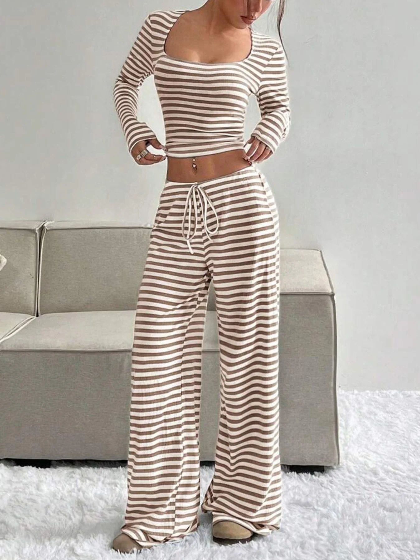 Striped Long Sleeve Crop Top & Wide Leg Pants Set - Image 2