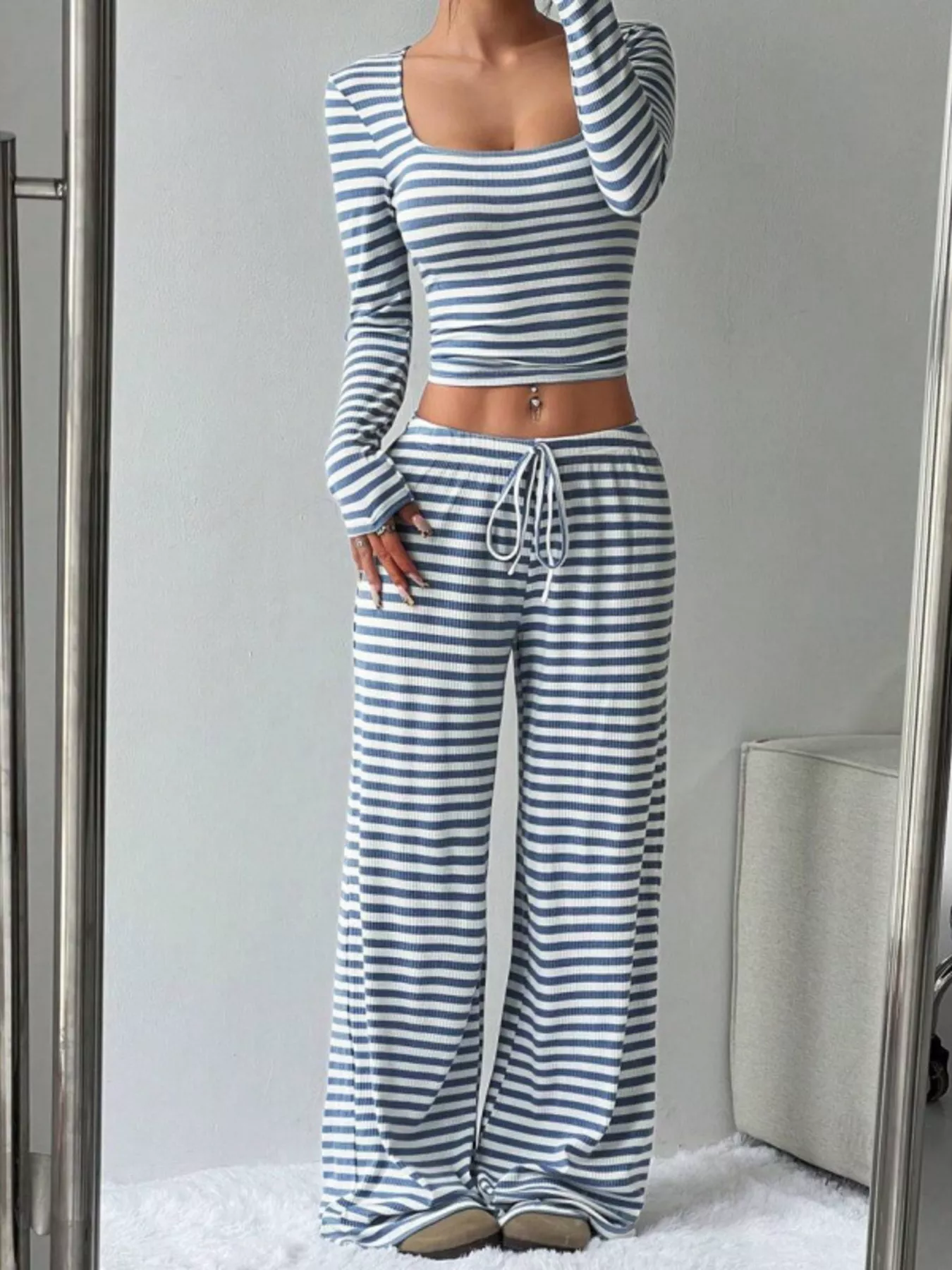 Striped Long Sleeve Crop Top & Wide Leg Pants Set - Image 7