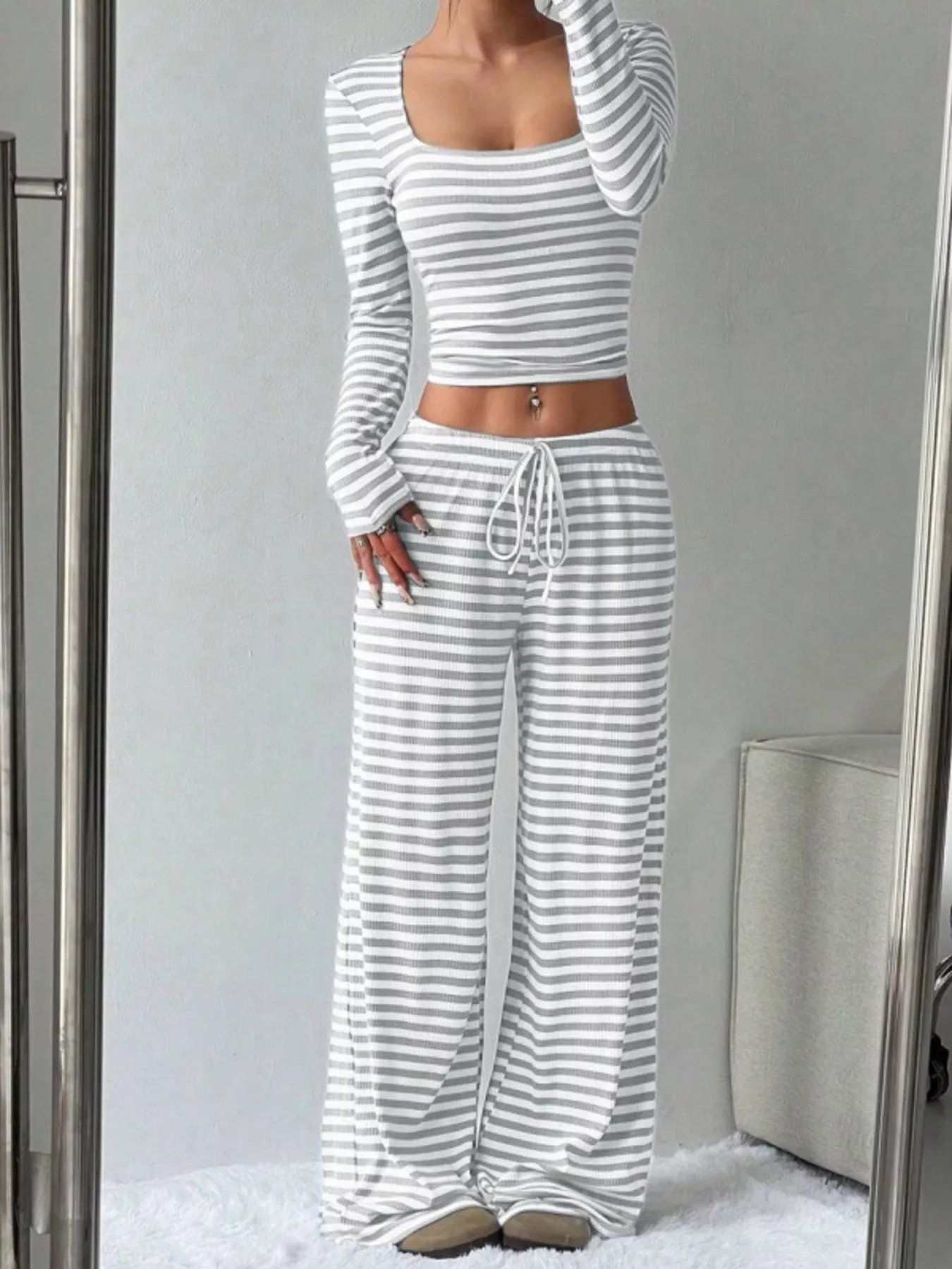 Striped Long Sleeve Crop Top & Wide Leg Pants Set - Image 8