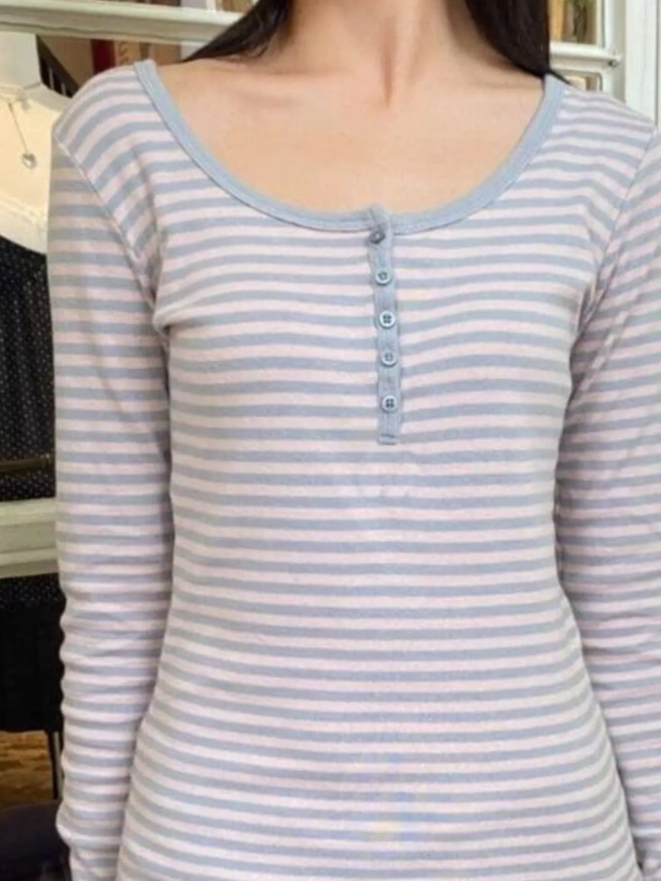 Striped Long Sleeve Henley T-Shirt - Image 9