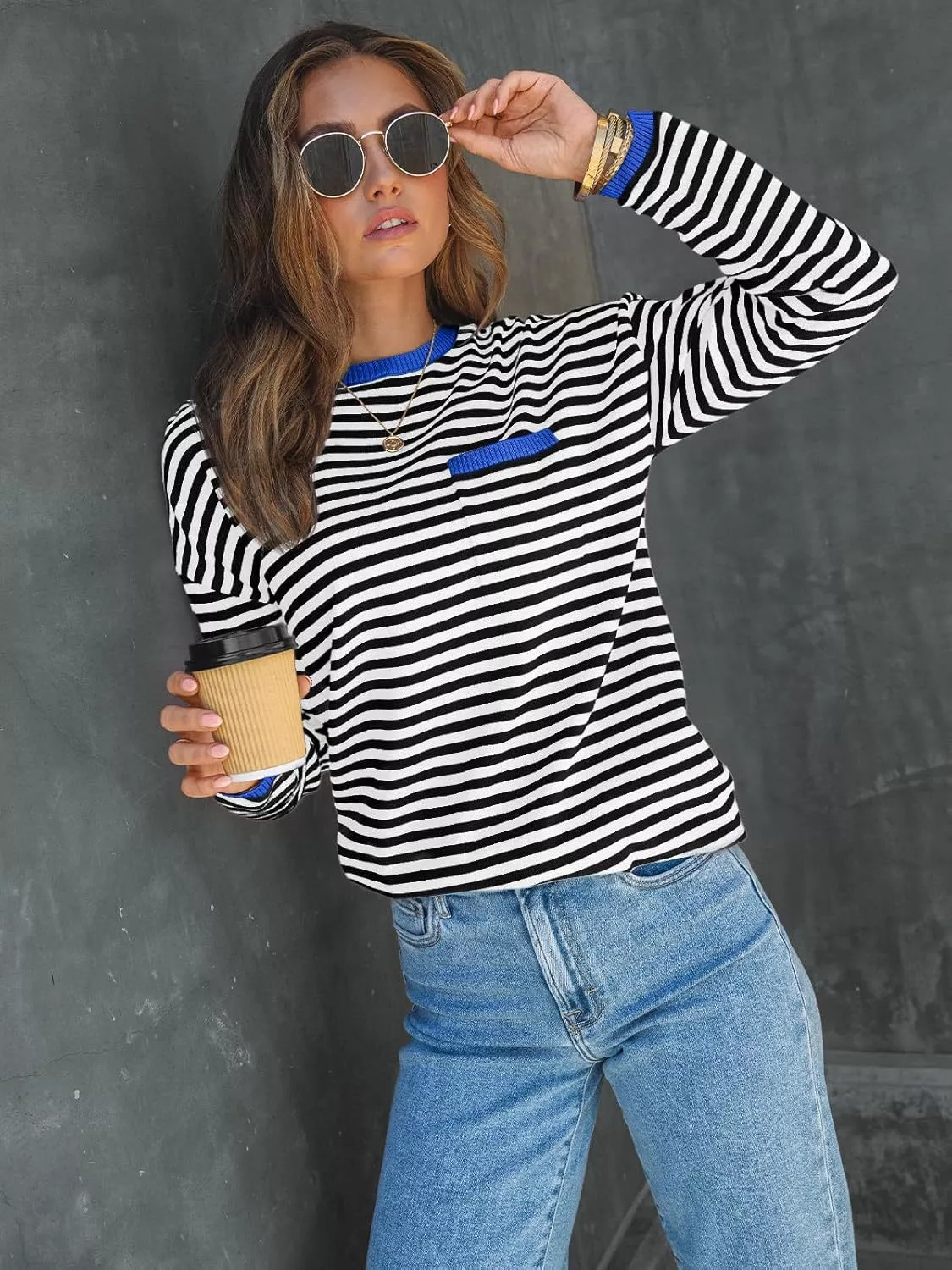 Striped Long Sleeve Sweater with Contrast Ribbed Trim - Image 12