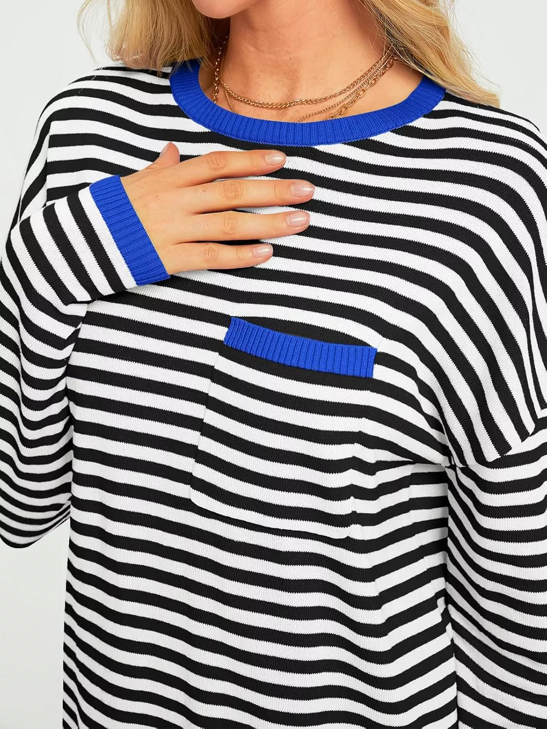 Striped Long Sleeve Sweater with Contrast Ribbed Trim - Image 15