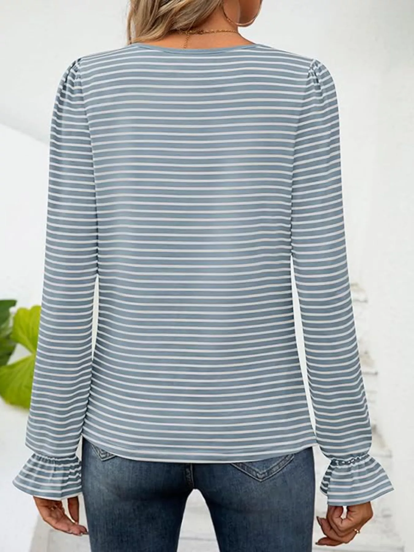 Striped Long Sleeve T-Shirt with Square Neckline - Image 15