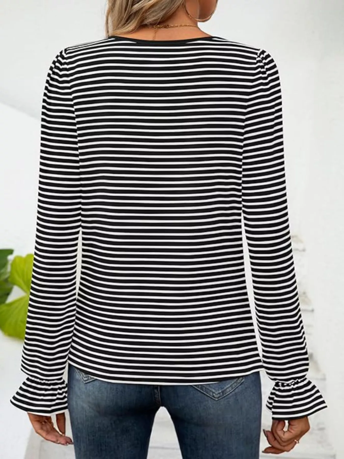 Striped Long Sleeve T-Shirt with Square Neckline - Image 22