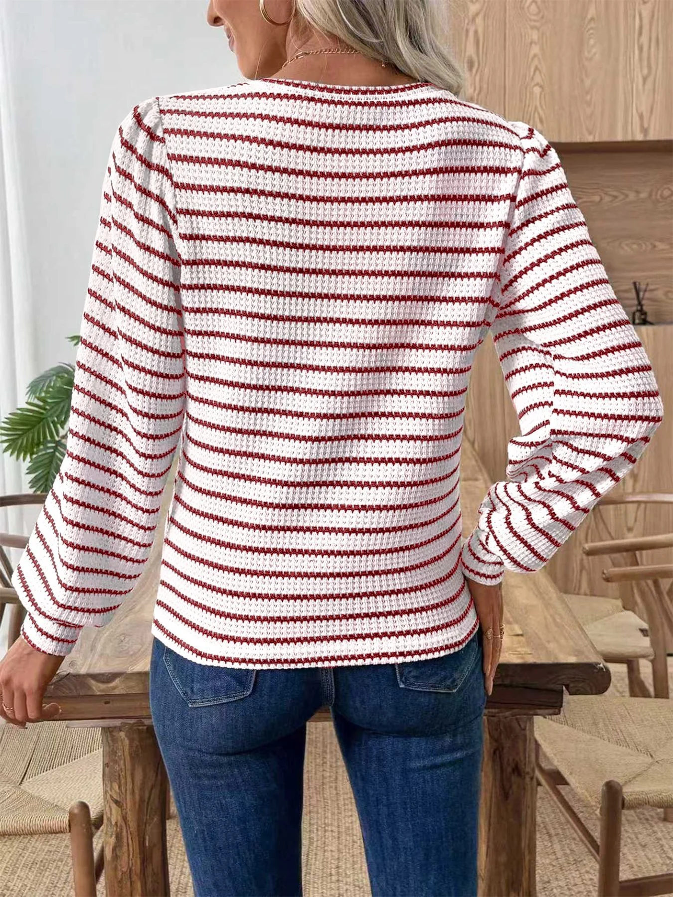 Striped Long Sleeve Texture Knit T-Shirt - Image 5