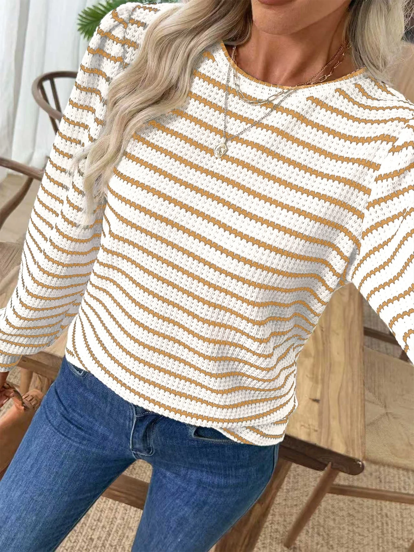Striped Long Sleeve Texture Knit T-Shirt - Image 7