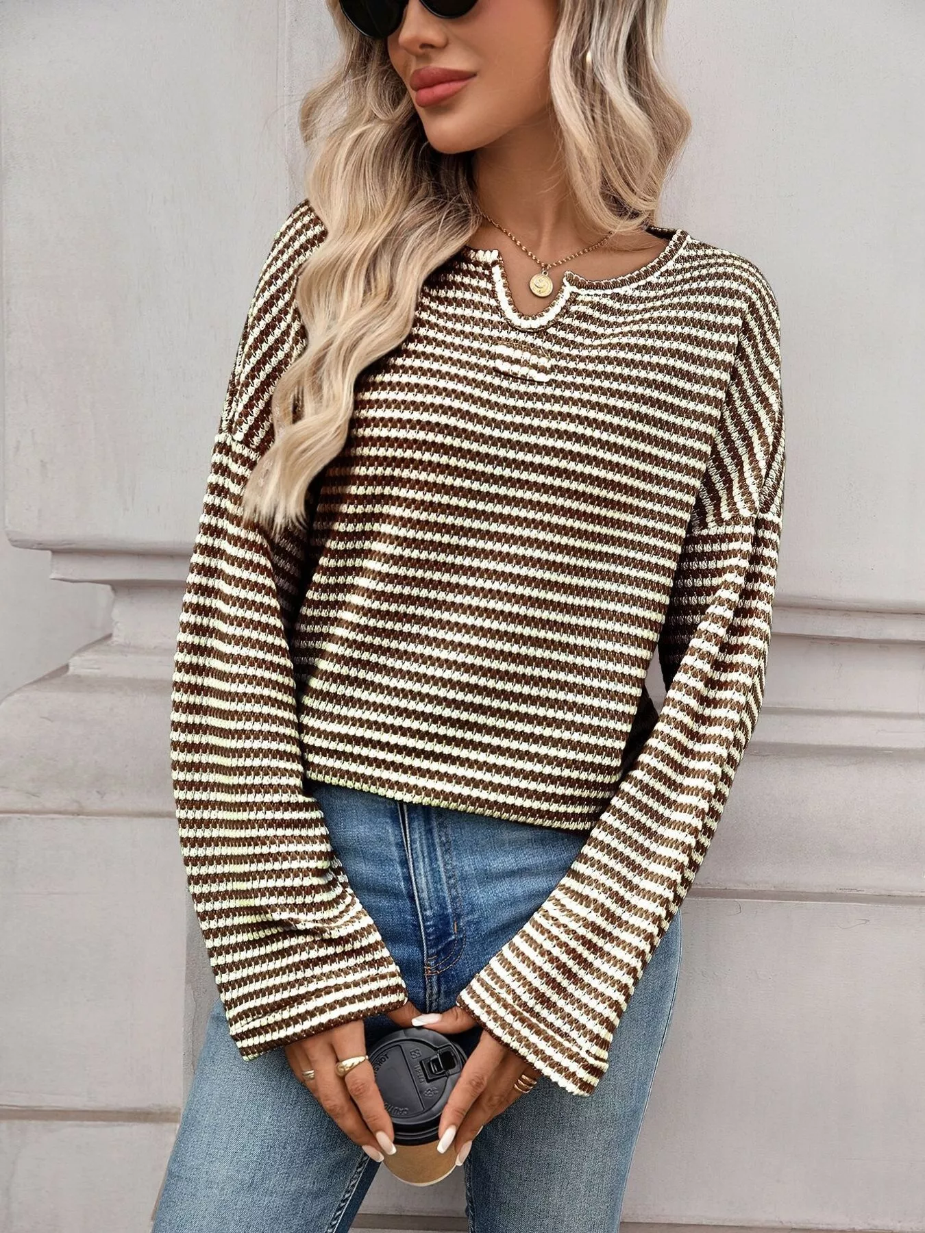Striped Notched Long Sleeve T-Shirt - Image 7