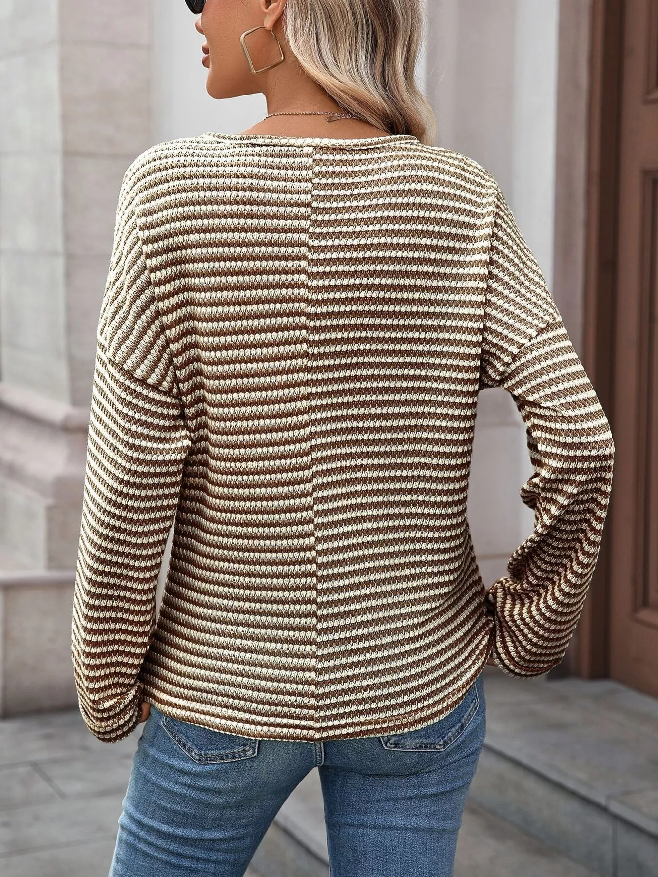 Striped Notched Long Sleeve T-Shirt - Image 9