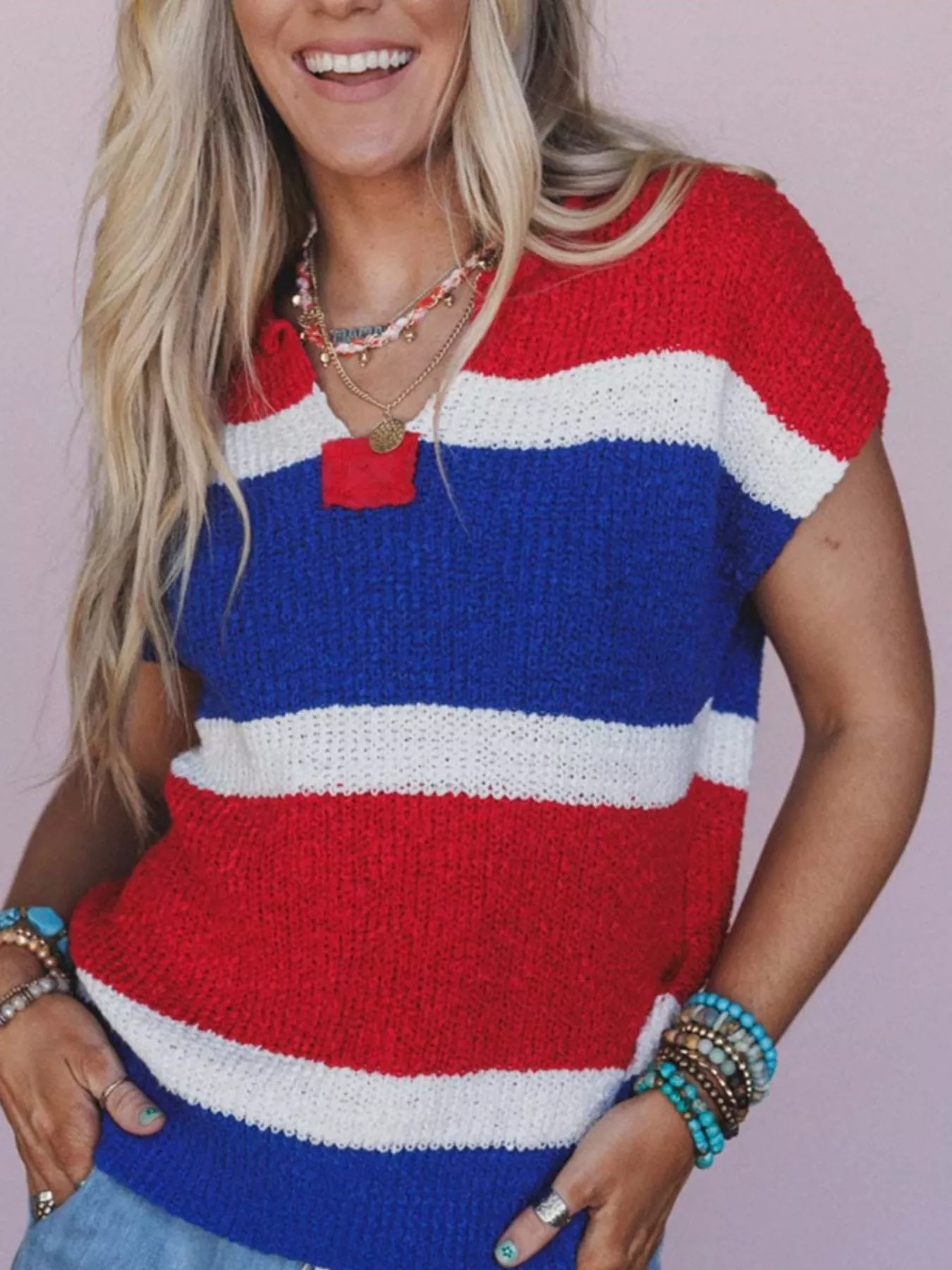 Striped Notched Short Sleeve Sweater - Image 3