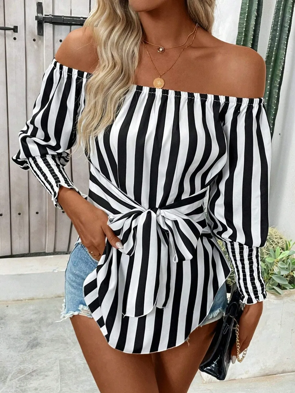 Striped Off-Shoulder Long Sleeve Blouse - Image 2