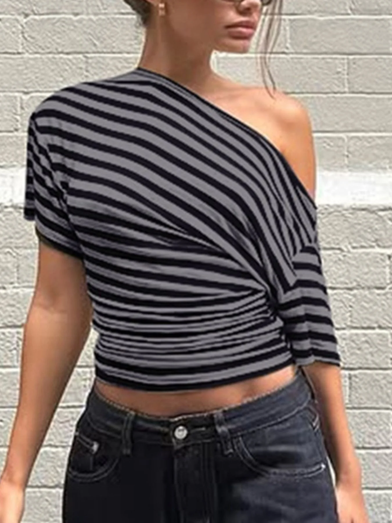 Striped One-Shoulder T-Shirt - Image 6