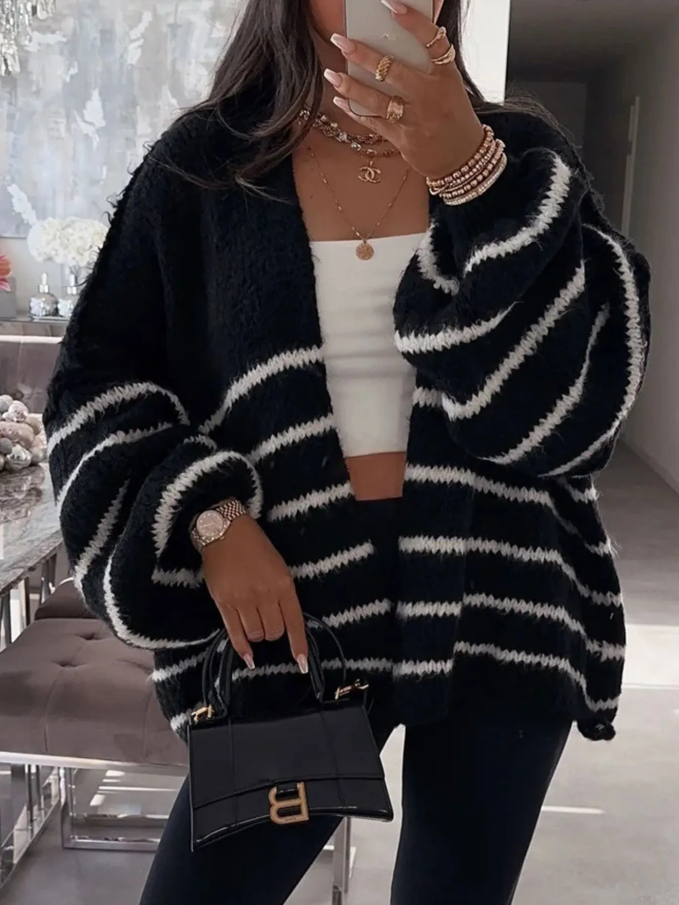 Striped Open Front Dropped Shoulder Cardigan - Image 8